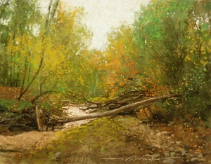 Alan Flattmann, "Dry Creek in Autumn," pastel on granular board, 14 x 18 in