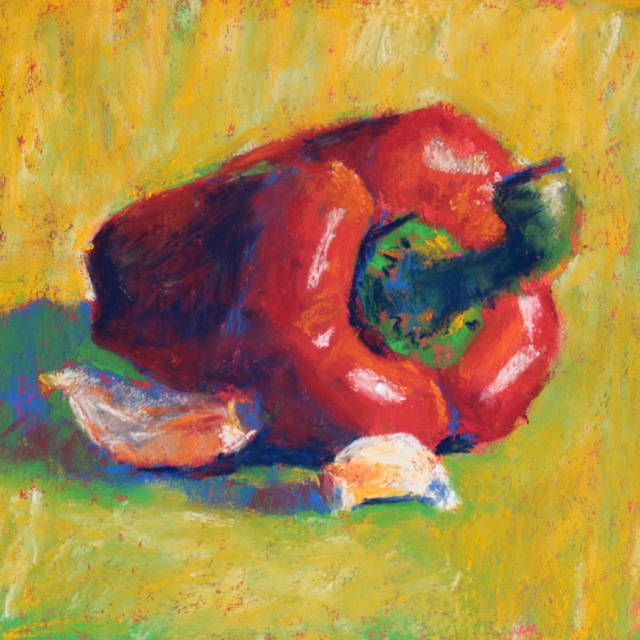 Gail Sibley, "Red Pepper and Two Garlic Cloves," Schminke pastels on Wallis paper, 6 x 6 in