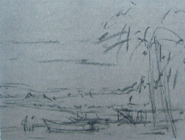 1. The beginnings of my plein air piece - the charcoal indication on Wallis paper of the beach scene