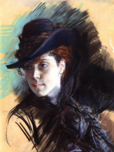 Giovanni Boldini, "Girl In A Black Hat," 1890, pastel on paper, 23 1/4 x 13 in (59 x 33 cm), Private Collection