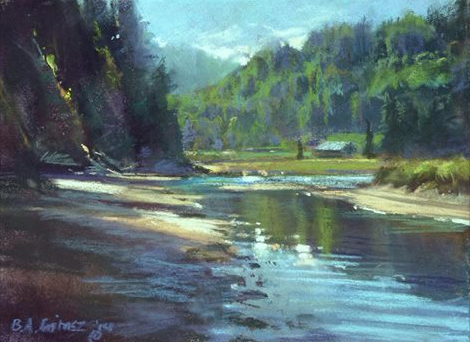 Bruce A Gomez, "Punto Amada," plein air pastel on Arches 140lb CP w/c paper, 8 x 10 in. Bruce says he sands the tooth of the paper down using 80 grit sandpaper until it feels like suede. It apparently holds the pastel beautifully! 