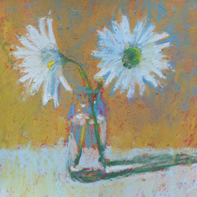 Gail Sibley, "Two Daisies in a Vase," pastel, 5.5 x 5.5 in. An example of a high key painting