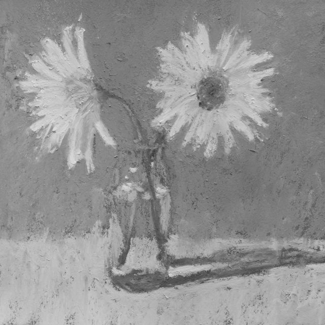 Gail Sibley, "Two Daisies in a Vase," pastel, 5.5 x 5.5 inches - in black and white