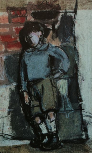 Joan Eardley, "Boy Leaning Against a Wall," c.1955-59, pastel on paper, 6 3/4 x 4 1/4 in, Private Collection. One of the earliest pastels I could find.
