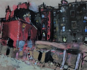 Joan Eardley, "Glasgow Tenement and Back Court," c.1959-62, pastel on glass paper (sandpaper), 8 7/8 x 10 5/8 in, Private Collection