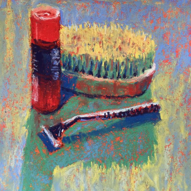 Gail Sibley, "His Shaving Things," Unison pastel on Wallis paper (toned with watercolour), 5 1/2 x 5 1/2 in