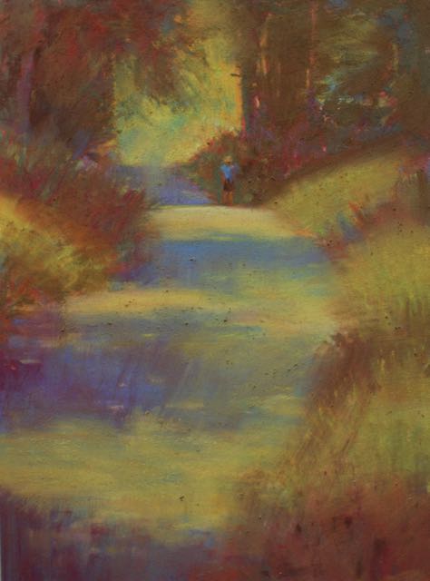 Gail Sibley, “Afternoon Walk, Dukes Road,” pastel,  12 x 9 in. The wiping leaves the ghost of the original image.