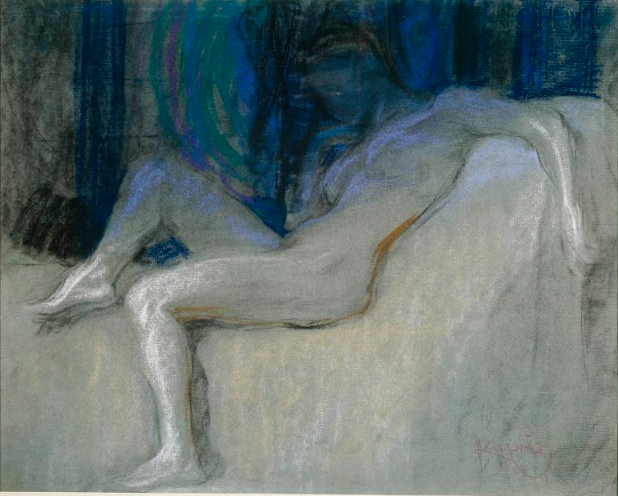 Frantisek Kupka, "Study for Planes by Colours, Large Nude," 1909-10, pastel on gray paper, 17 3/4 x 22 in (45 x 56 cm), Musee National d'Art Moderne, Centre Pompidou, Paris