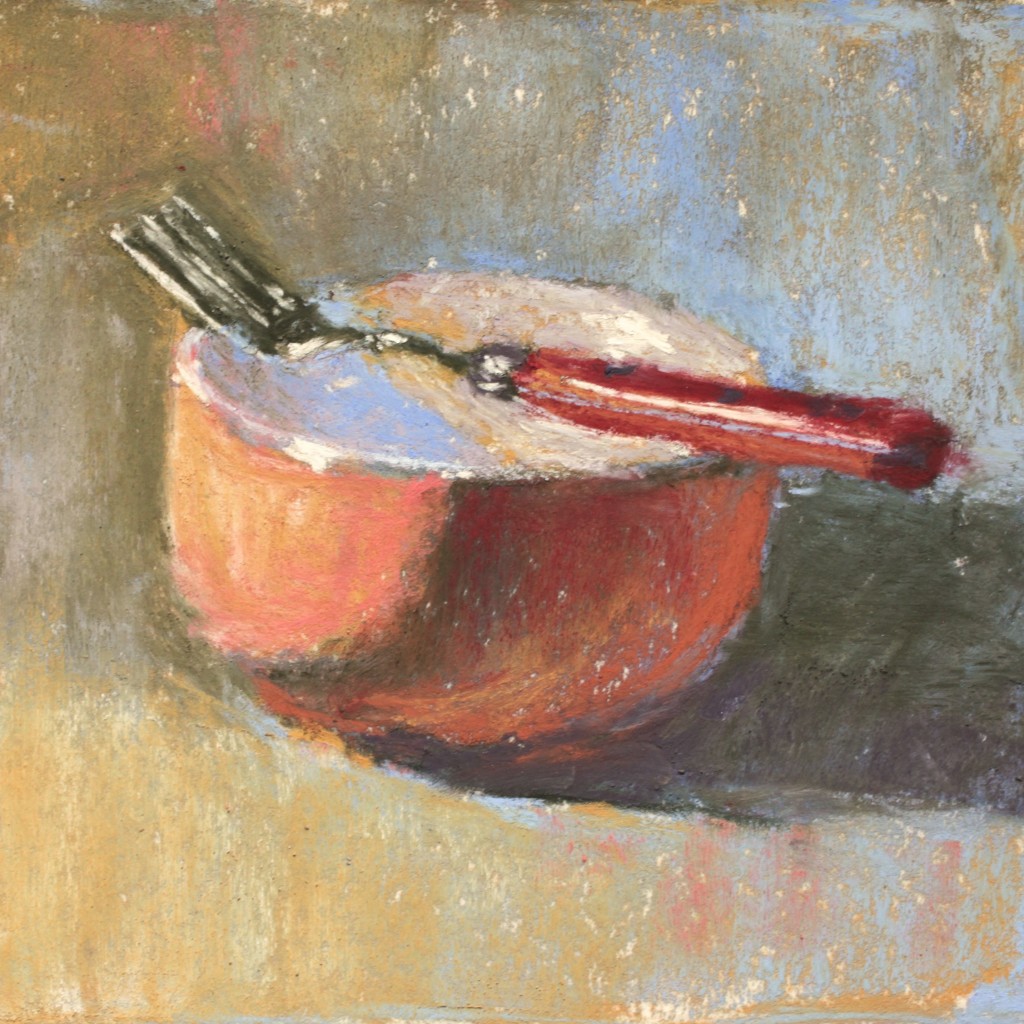 The final piece after 35 minutes of pasting. Gail Sibley, "Orange Bowl, Red Fork," Terry Ludwig pastels on Wallis white paper, 5 1/2 x 5 1/2 in