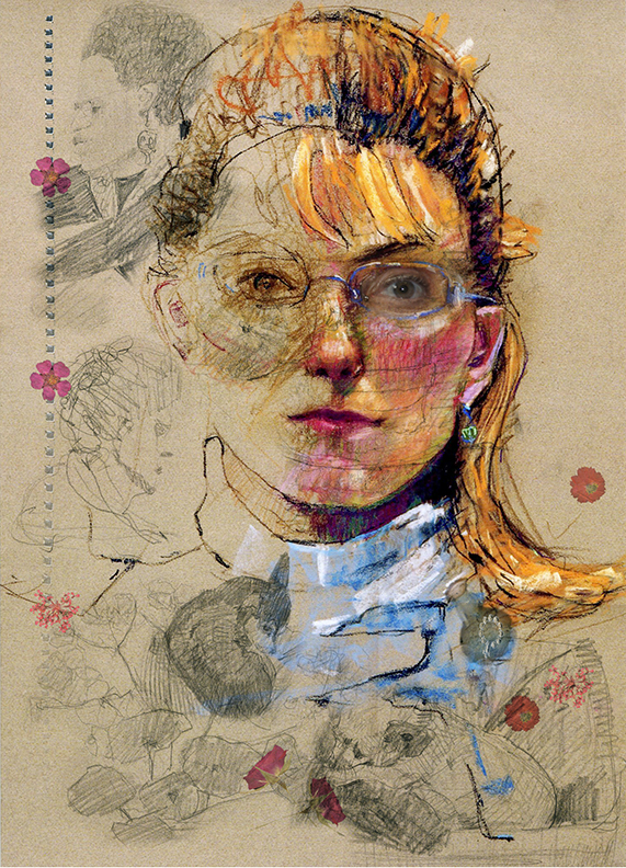 Donna Yeager, "Self Portrait," Digital Image Collage - pastel painting done on Canson Mi-Tientes as bottom layer in photoshop, also includes drawings done with 6B pencil, scans of jewellery, dried flowers, ceramic statue, and single finger rosary all done in Photoshop