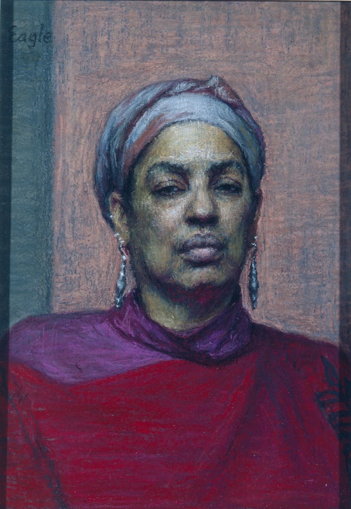 Ellen Eagle, “Mercedes in Red,” 2002, pastel on pumice board, 5 7/8  x  4 1/8 in.