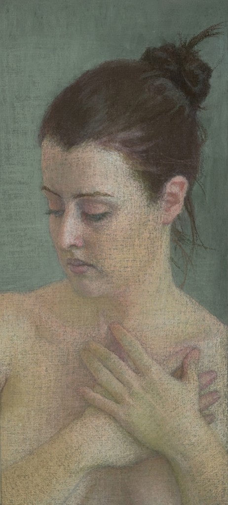 Ellen Eagle, “Nude With Hands Touching,” 2009, pastel on pumice board, 15 x 6 1/2 in.