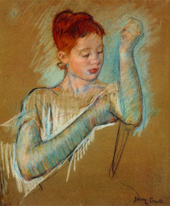 Mary Cassatt, "The Long Gloves," 1889, pastel on paper, 25 1/2x 21 in, Private Collection