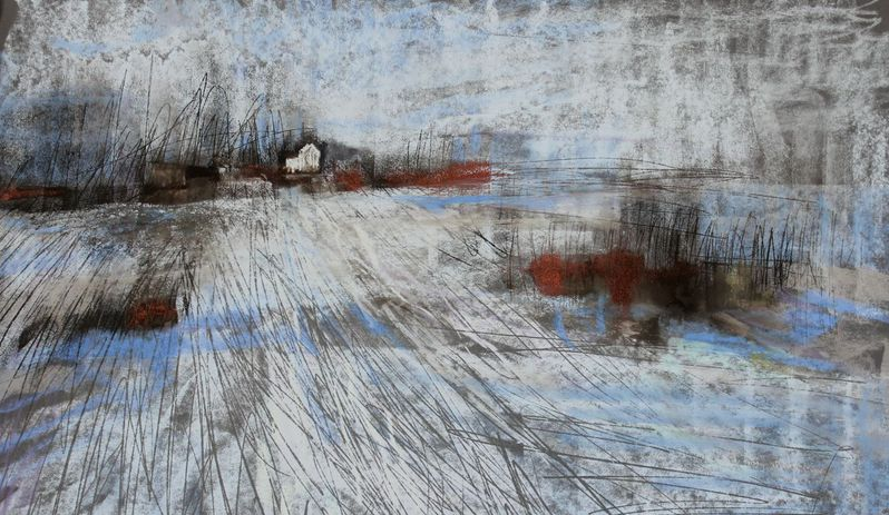Pirkko Mäkelä-Haapalinna, On The Icy Lake,  2015, Ink and pastel on grey Pastel Mat, 12 5/8 x 12 1/4 in (32 x 54 cm). "This is the view in winter from my studio window. I started with an under painting of inks, even metallic copper, and worked with a wooden stick to give texture as an impression of the traces I saw on the ice. I worked with the flat edges of Sennelier and Terry Ludwig pastels, putting very gentle layers of pastel on top of the ink."