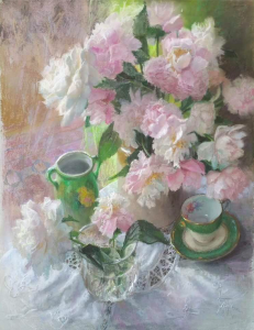 December's Dynamite Pastels: Leoni Duff, "Pink And White Peonies," pastel on 'Bowden Board,' 31 1/2 x 23 5/8 in (80 x 60 cm)