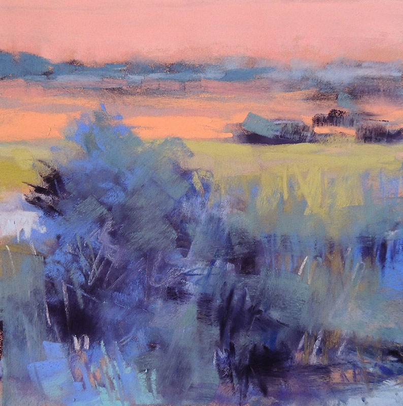 Lyn Asselta, August Second, 2014, pastel on UArt paper, 6 x 6 in  Marshes. They're all around me where I live.  So, how do I distinguish one marsh from the next? In this little painting, my decision came from the date that I painted it. It was a hot day in August and I decided to make the painting more about the color and the temperature of the day than the place itself. I wanted it to tell the story of the intense heat in the distance so I cooled off the foreground and heated up the horizon. I wanted to give the feeling that I was standing in a shady spot, separated from the actual heat on the marsh grass.