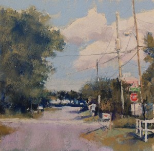 Lyn Asselta, End of the Street, 2012, pastel on Wallis paper, 8 x 8 in This may have been the beginning of my obsession with telephone lines. This little scene is next to a gas station and could be anywhere, which is probably why I like it. Funny, but at the time I painted it, I had no idea that in a few years I would build a house a couple streets from here. The scene hasn't changed much over the past few years, but I love the morning light here and the way the telephone lines lead you across the street.