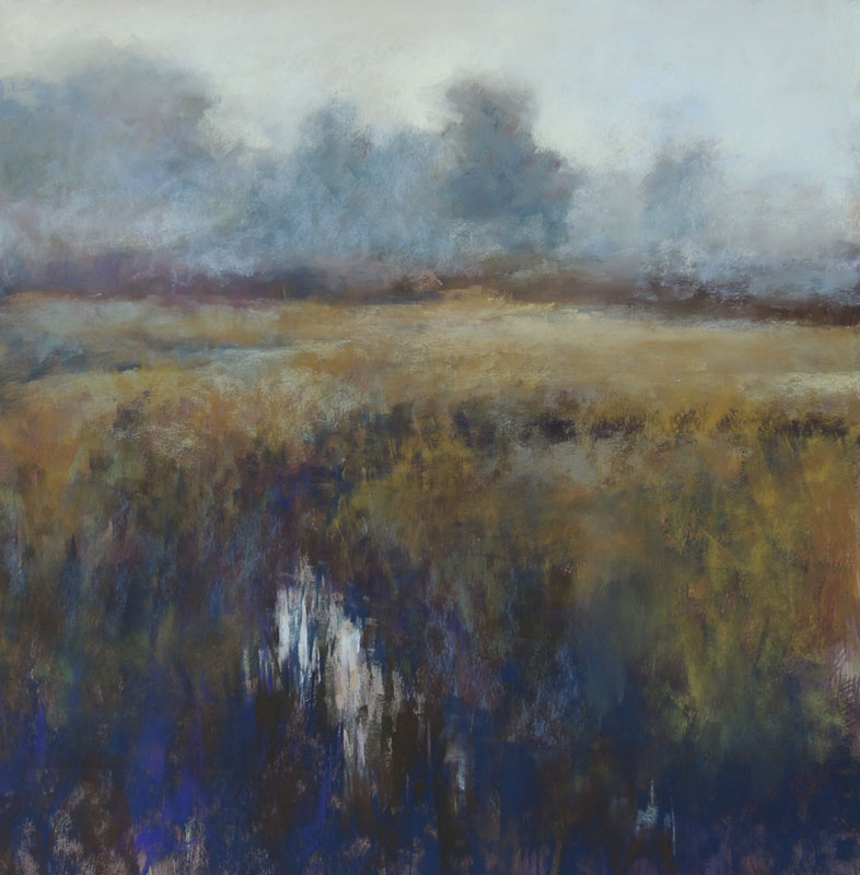 Lyn Asselta, Of Quieter Days, 2014, pastel on UArt paper, 18 x 18 in Another marsh scene with a totally different feel. Sometimes you just want to be alone and a cool, foggy day quiets everything in your life down to almost silence. These are the days I treasure. Painting a foggy day is a chance to give someone else that feeling of stillness in the midst of their everyday life. I grew up on the coast of Maine and I suppose I have carried that feeling of a foggy day with me. The fog not only quiets the sounds around you, but it quiets the noise of a busy landscape. It softens the edges and you can easily imagine yourself in another world where the shapes and objects around you don't matter...you just need to feel the ground under your feet and the rest falls away.