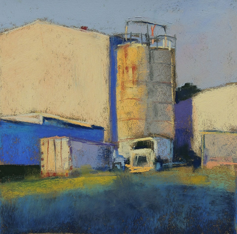 Lyn Asselta, "Trucks and Silos," 2013, pastel on Wallis paper, 8 x 8 in These trucks looked like they were sinking into the ground...as though they'd been there so long that the tires may have been flat.  Why do they get abandoned like that? I wonder if there is anything at all in the silos? The light was so bright this particular day that I felt as though the intense blue might be able to convey the feeling of a bright afternoon here behind this warehouse. It's a few years later now, and I wonder if the trucks are still there?