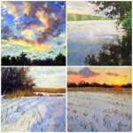 30 Paintings in 30 Days: Takeyce Walter, all pastel, all 6 x 6 in. Days 18-21. From top left clockwise: “Sunset Clouds,” “Hudson Shadows,” Winter Sunset Over The Cornfield,” Winter Shadows”