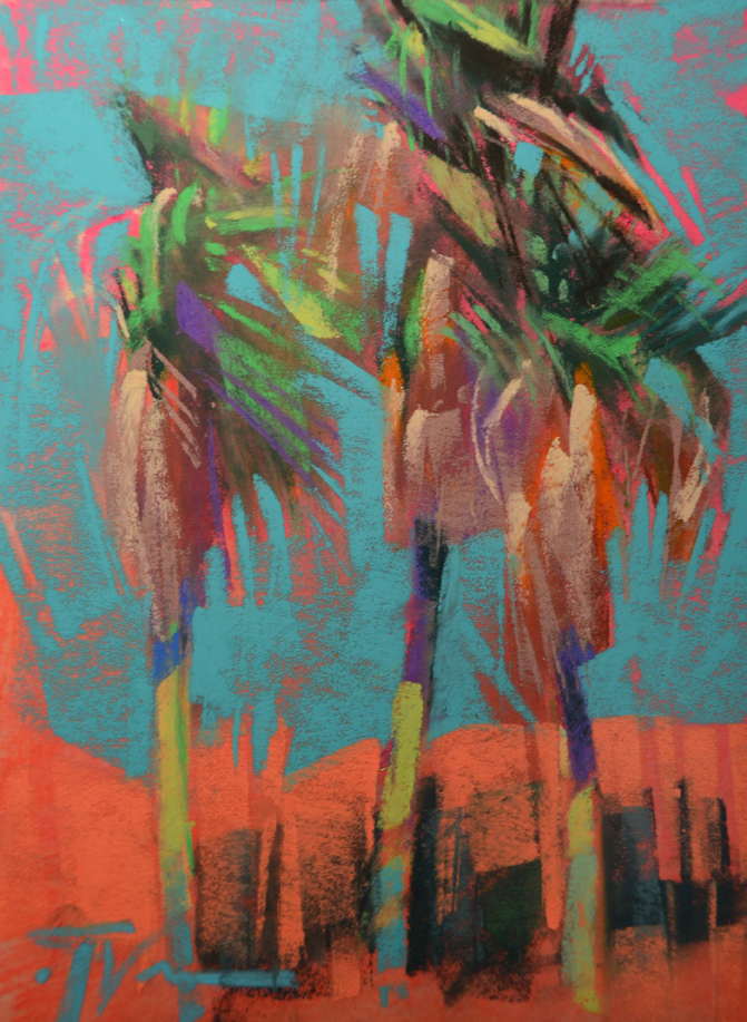 Jen Evenhus, "Arroyo Drive Palms," pastel on UArt paper, 8 x 6 in