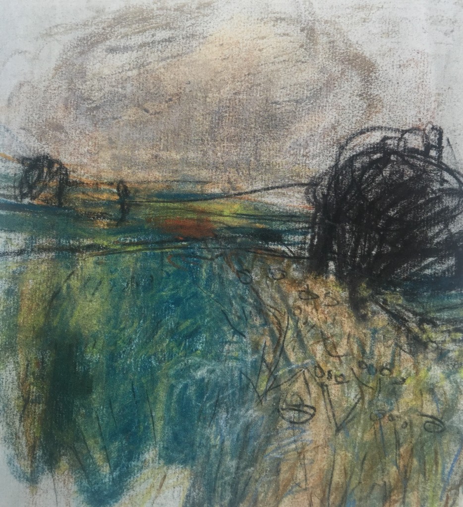 Joan Eardley and her pastel landscapes: Joan Eardley, "Barley Fields," c.1961-1962, pastel on paper, 8 7/8 x 8 1/4 in, Private Collection. The sky is dark, the wind blows and you can feel the rustling of grasses. You can see in this pastel, the visual language that emerged. You can see the same markings in her gouache and oil paintings.
