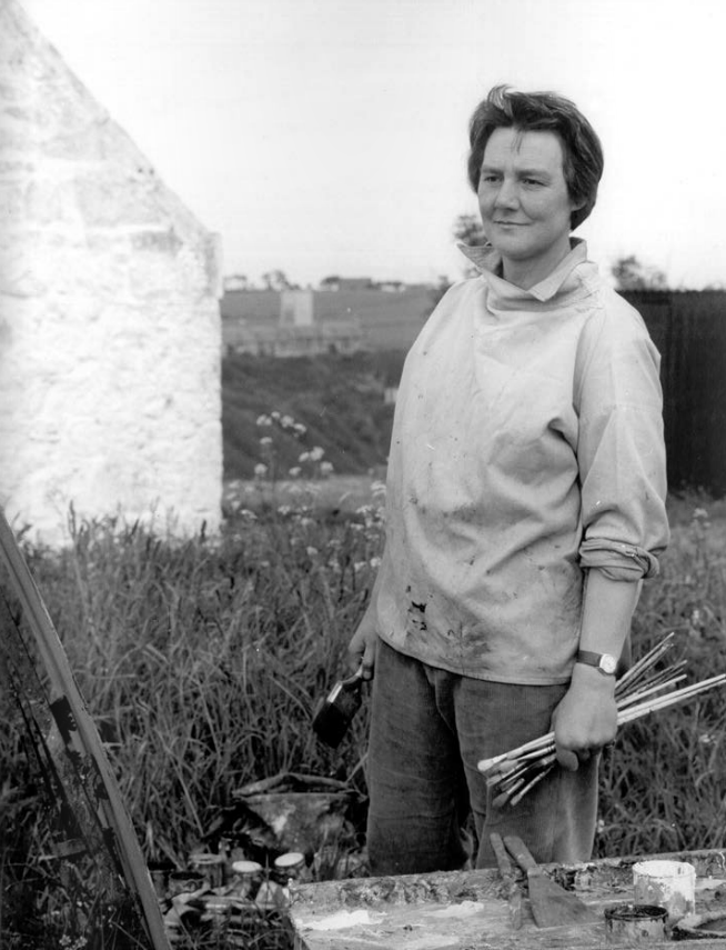 Joan Eardley and her pastel landscapes: Joan Eardley at Catterline, Summer 1961. Photograph by Audrey Walker. From The Scottish Gallery catalogue, In Context