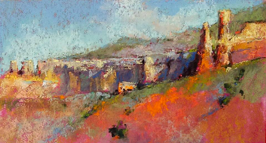 May: Denali Brooke, "Ghost Ranch Morning," plein air pastel, 5 x10 in