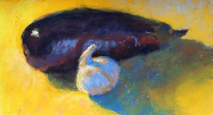 Painting an Eggplant: Gail Sibley, "Eggplant and Garlic," Mount Vision pastels on UArt 400 grit paper, 6 x 11 in