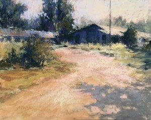 Nancy Nowak, "Out In the Sticks," pastel on UArt 400, 11 x 14 in. This scene is from the north Georgia mountains, along a side street, literally out in the sticks. I purposely used a limited palette of blues and its complementary color of light orange-ish color.