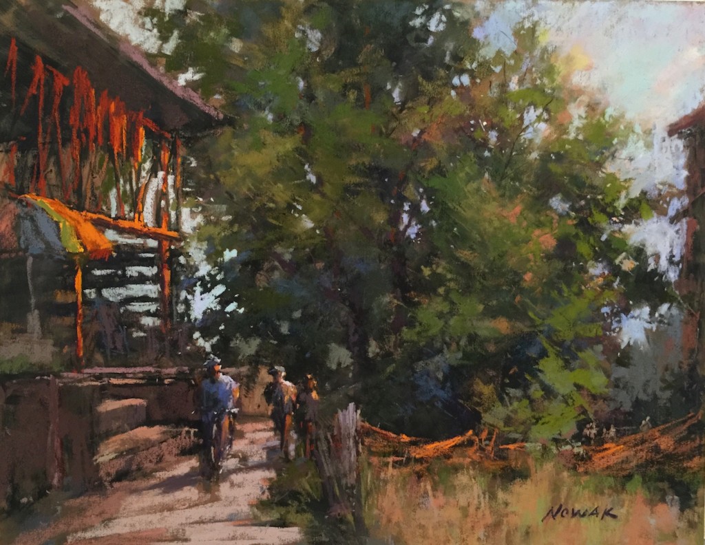 Nancy Nowak, "King of Pops," pastel on UArt 400, 11 x 14 in. This plein air pastel was done down in Atlanta to promote the Olmsted Plein Air event in April and an area called “The Shed” in Ponce City Market. It runs alongside The Beltline, a long path where runners and bicyclists come to work out. I struggled to find what to paint. At first I was unsure if I could make an interesting painting with this scene. The name comes from the popsicle vendor who was standing next to the umbrella on the left side. A popsicle was a wonderful treat after a hot day of painting. 