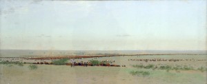Frank Reaugh, "The O Roundup, Texas, 1888," 1894, pastel on paper mounted on canvas, 18 5/8 x 43 7/8 in, Panhandle-Plains Historical Museum, Frank Reaugh Estate Collection.