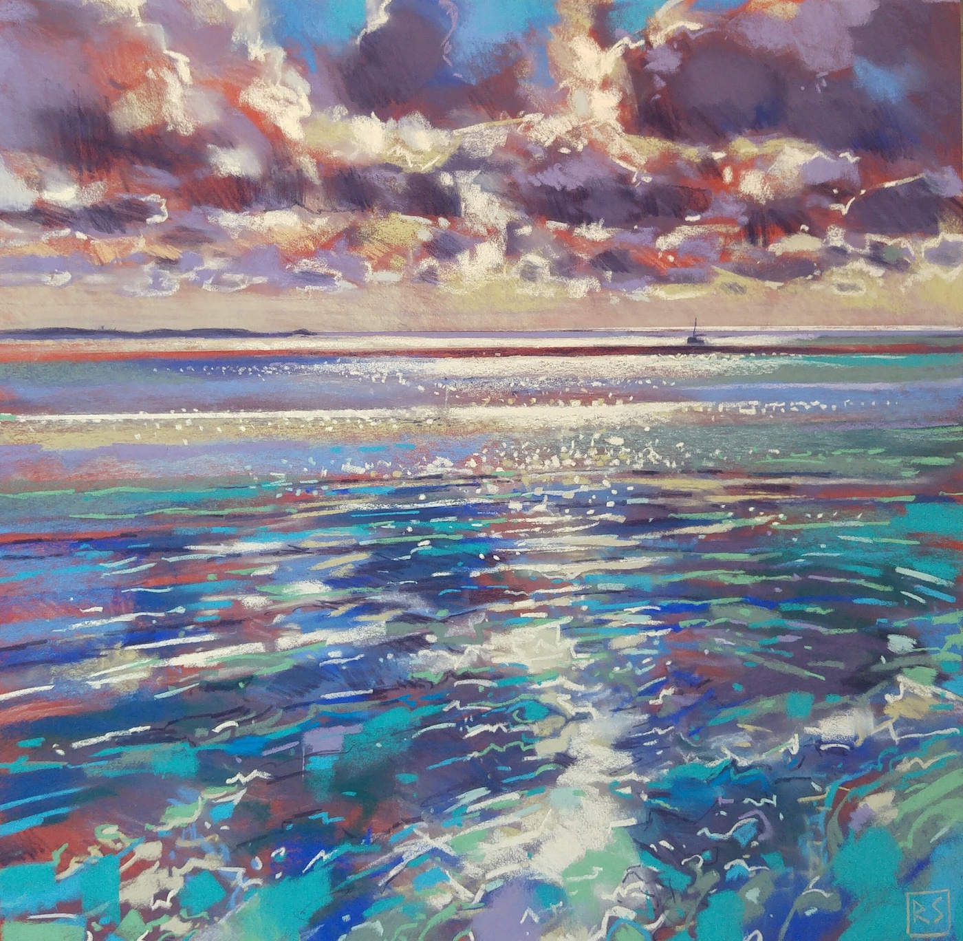 Richard Suckling, "Morning Shimmer Mounts Bay," pastel on Sennelier LaCarte, 19 ¾ x 19 ¾ in. My usual studio style of pastel painting, primarily Cornish coastal scenes with a liking for a bit of sparkle on the water.