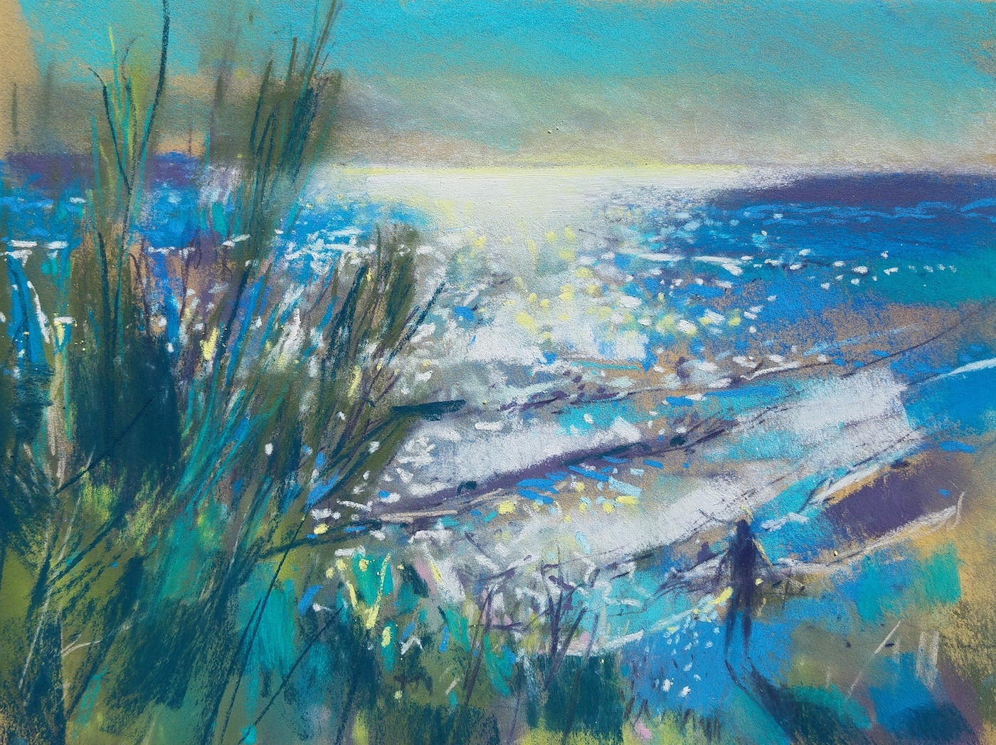 Richard Suckling, "Horadada Beach," Unison and Sennelier pastels on Sennelier LaCarte, 9 ½ x 12 ½ in. Very bright high contrast scene - just squinted and went for it.