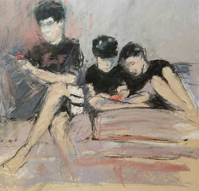 January's Noteworthy Pastels: Anne Strutz, "Hanging Out in the 21st Century," charcoal and pastel on UArt 600, 10 x 11 in