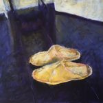Breaking the rules: I wanted to bring the parts of the floor together and make it all less colourful. So I scumbled a warm black pastel (Unison Grey 13) over much of the floor area. And it's done. Gail Sibley, "Night Slippers on Black," Unison pastels on UART 320 grade, 12 x 12 in.