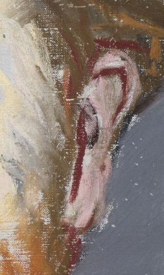 Édouard Manet, "George Moore," 1879, pastel on canvas, 21 3/4 x 13 7/8 (55.2 x 35.2 cm), Metropolitan Museum of Art, New York, USA - detail. And now we come to the ear. When you first see the portrait you don't notice that dashed-on red line. And then you look closely and there it is, plain as day. Manet uses the red as shadows but rather than use one of the brown pastels, he introduces this colour. It's only seen here, possibly on the opposing side of the face, and in the shadowed part of the lips. I can see Manet spontaneously picking up the red to paint what he sees.