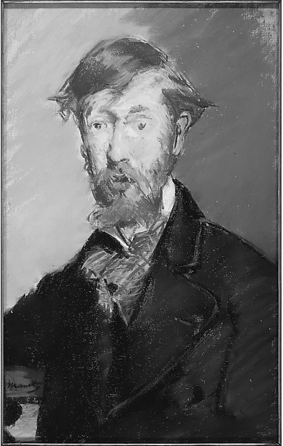 Édouard Manet, "George Moore," 1879, pastel on canvas, 21 3/4 x 13 7/8 (55.2 x 35.2 cm), Metropolitan Museum of Art, New York, USA. A quick look at in black and white just because you know I'm big on values. You can see how monochromatic Manet's work is when compared with the colour version above. It's really only the face with beard that show colour.