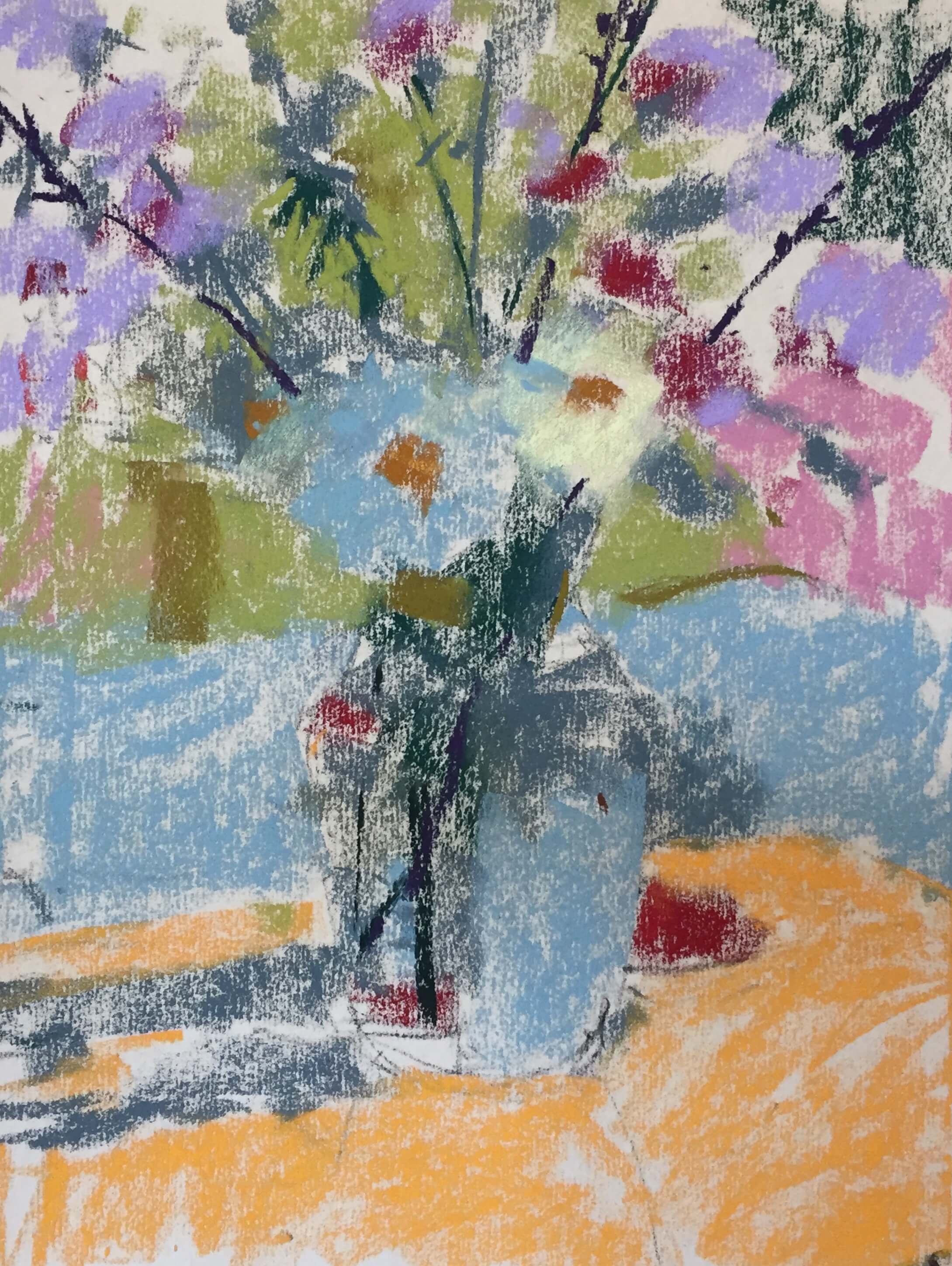 3. Rather than put down colours for the three value shapes. I decided to do something different. I started with a few colours aware of the value areas but seeing colour and placing it very broadly. Summer Flowers in a vase