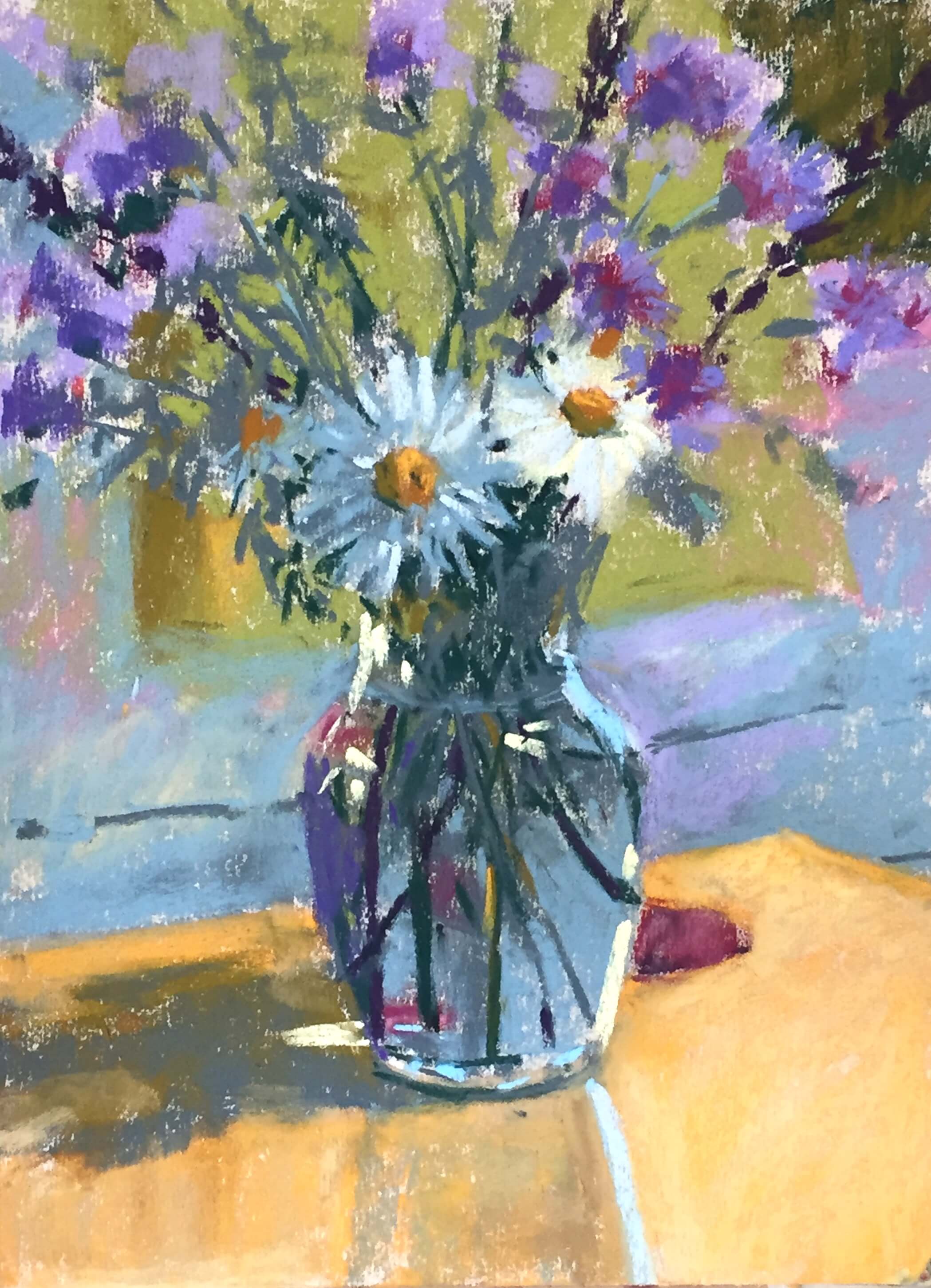 6. Worked on the table - shadow and light areas. Then added highlights especially on vase! My favourite part. Look and add then don't fuss I tell myself! Summer Flowers in a Vase
