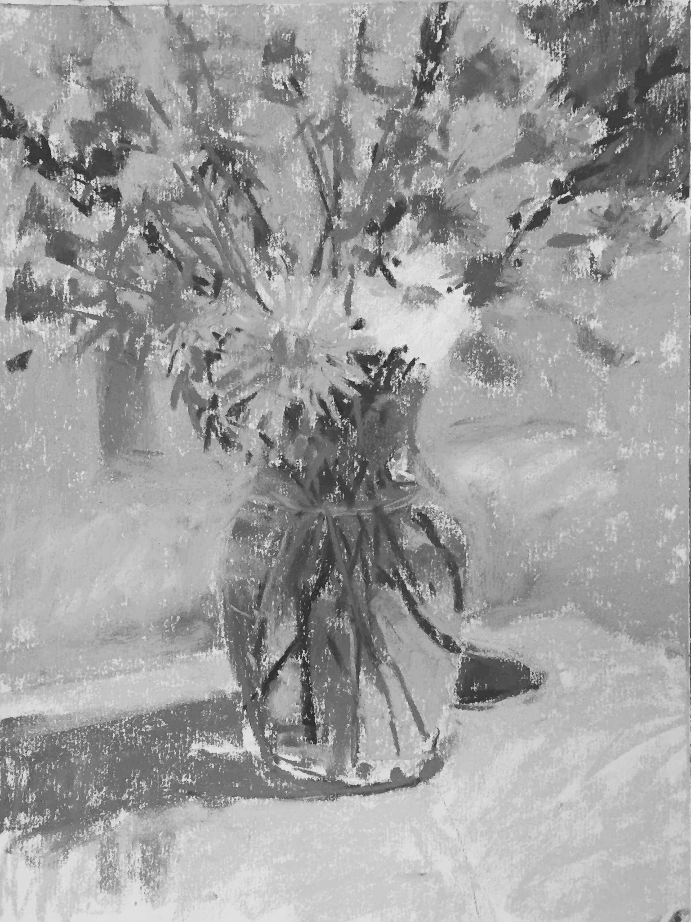 5a. The same image above in black and white. I always like to check in on my values and see how closely I am sticking to my thumbnail map. I can see I will need to lighten parts of the coach and also the main daisy (but I know when I get to the highlights that will happen). Summer Flowers in a Vase