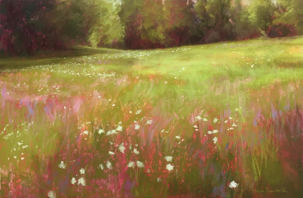 Jeanne Rosier Smith, "Deep in the Meadow," pastel on Uart paper, mounted on Gatorboard, 24 x 36in. This painting is a larger version of a series I created while teaching a plein air “Meadows” class last summer with my Sudbury Studio classes.