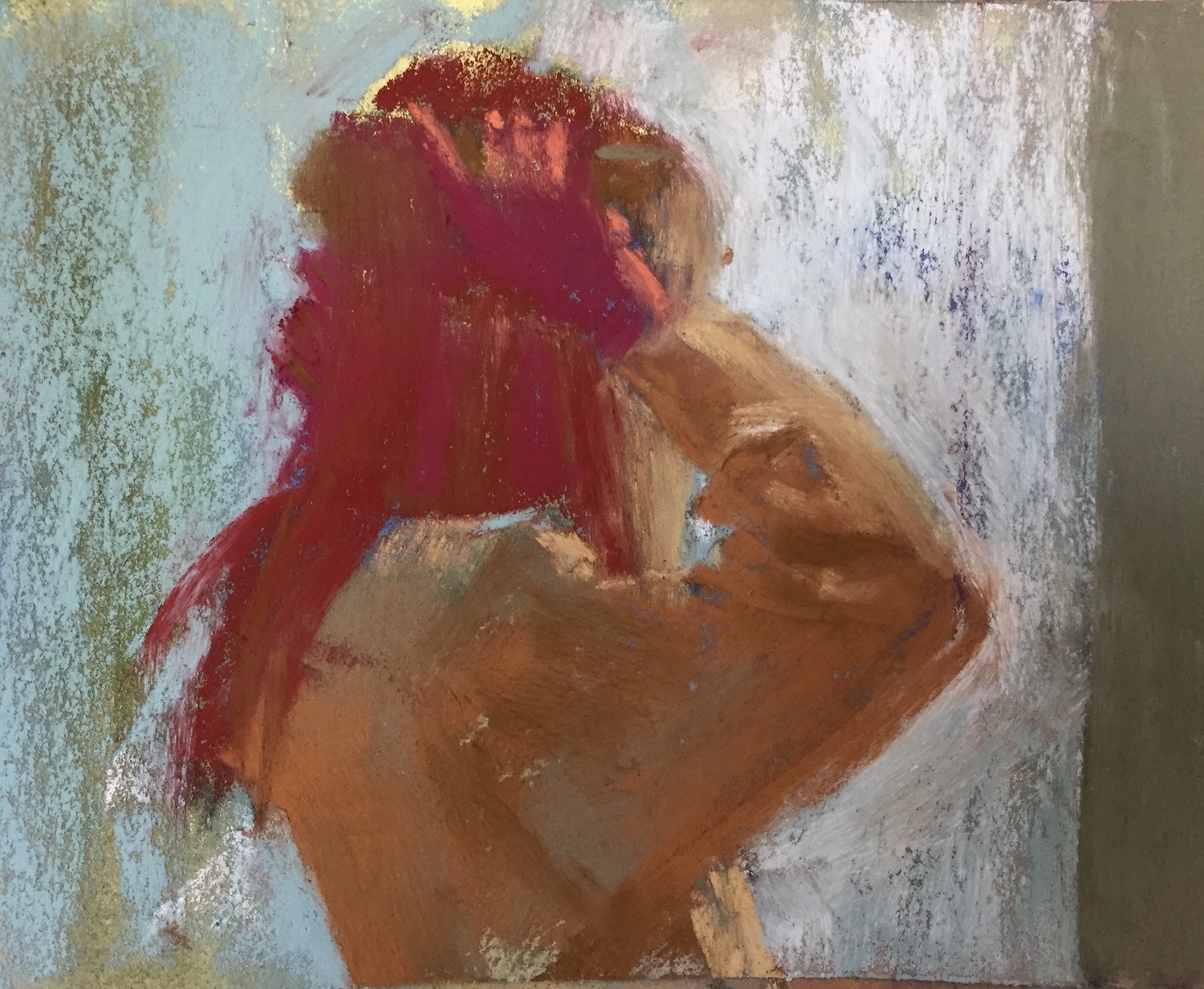 10 minute painting: Gail Sibley, "Hair Care," Unison pastels on UART 320 paper, 5 x 6 in