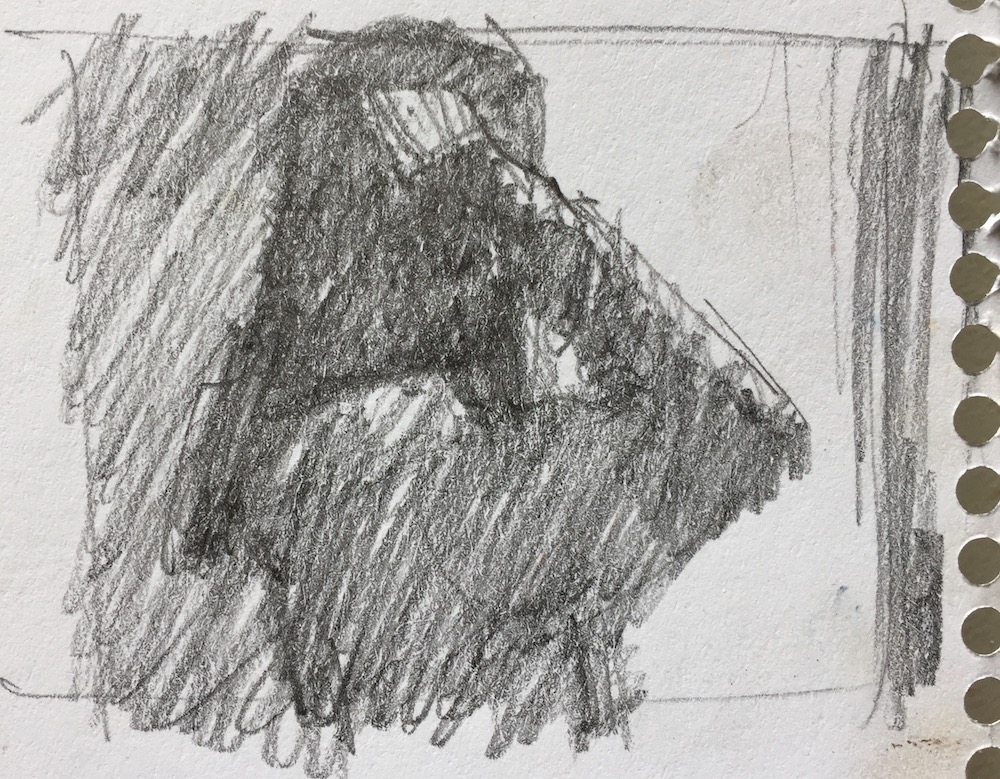 10-minute painting: A quick thumbnail in pencil to determine composition (you can see I cropped it) and choose three main values and how to situate them.