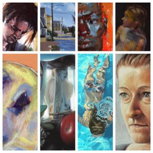 July's uncommon pastel paintings: collage of details of eight of the paintings