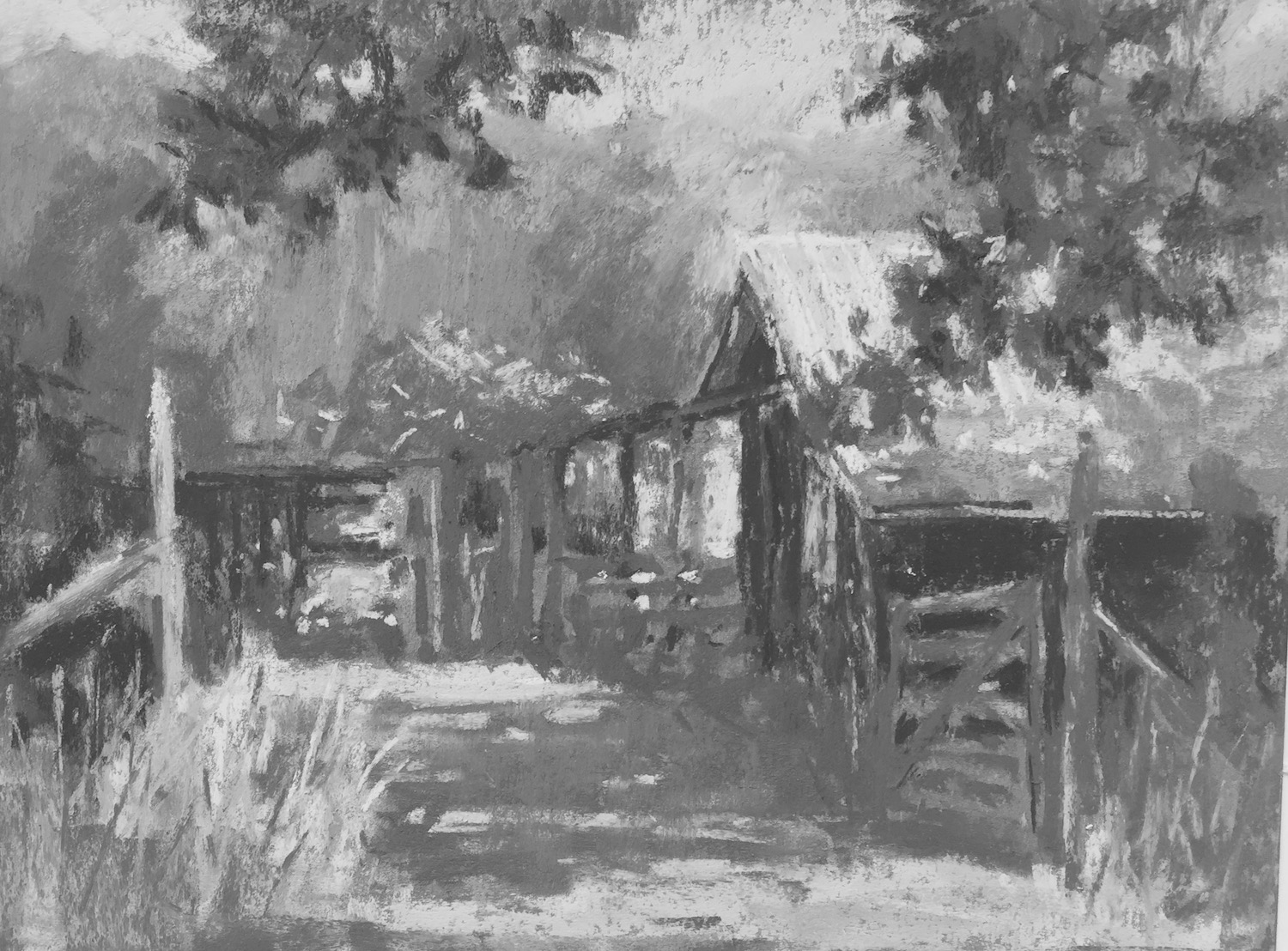 Tweaking a plein air painting in the studio: And here it is in black and white. I feel I've stuck pretty much to the thumbnail value design which has kept me on track along the way.