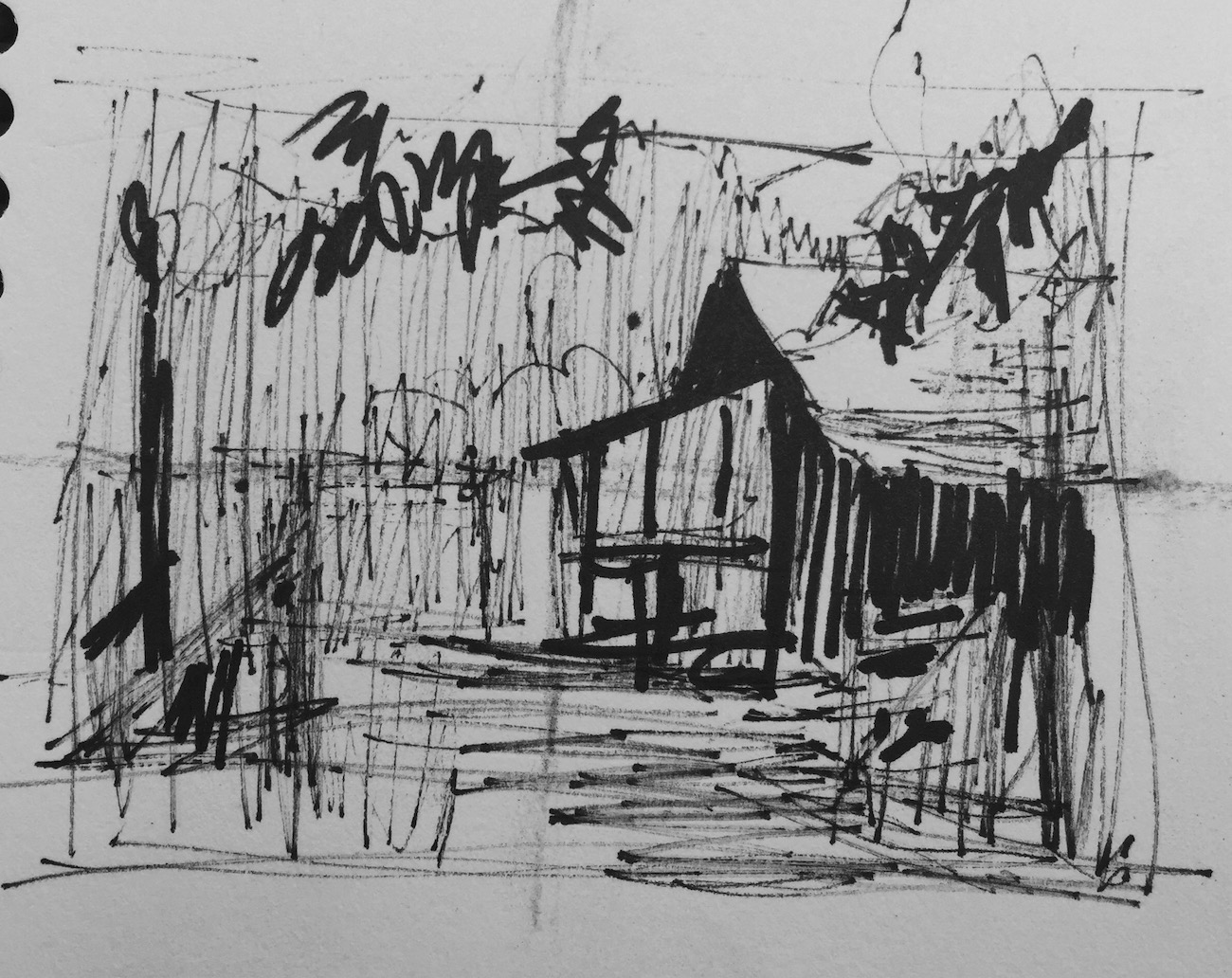 Tweaking a plein air painting in the studio: My pen was drying up but once I honed in on what it was I wanted to paint, there was enough ink to show three values.