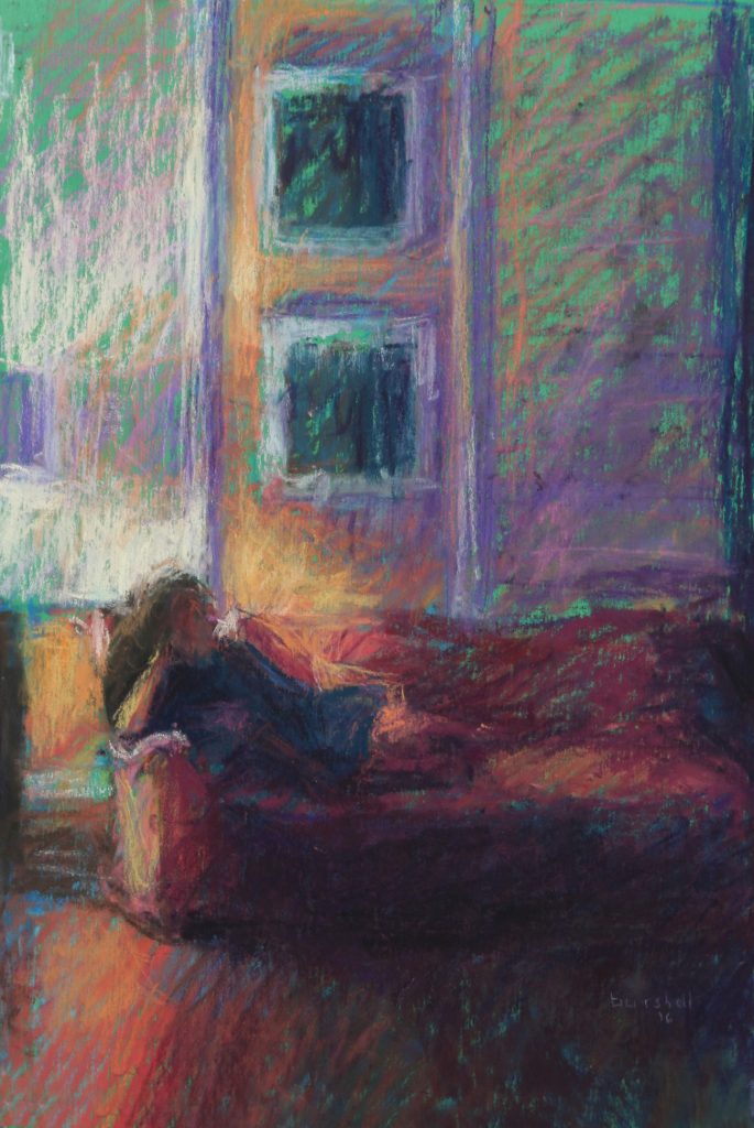 Sandra Burshell, "Comfort at Home," 2016, Pastel on sanded pastel paper toned green and dry-mounted to museum mounting board, 10x7 in. Sold