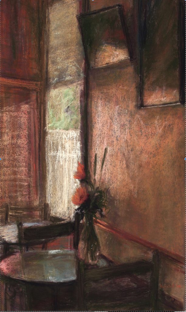 Sandra Burshell, "Early Evening, Café Degas," 2006, Pastel on Wallis sanded pastel paper, 24x11 in. Sold