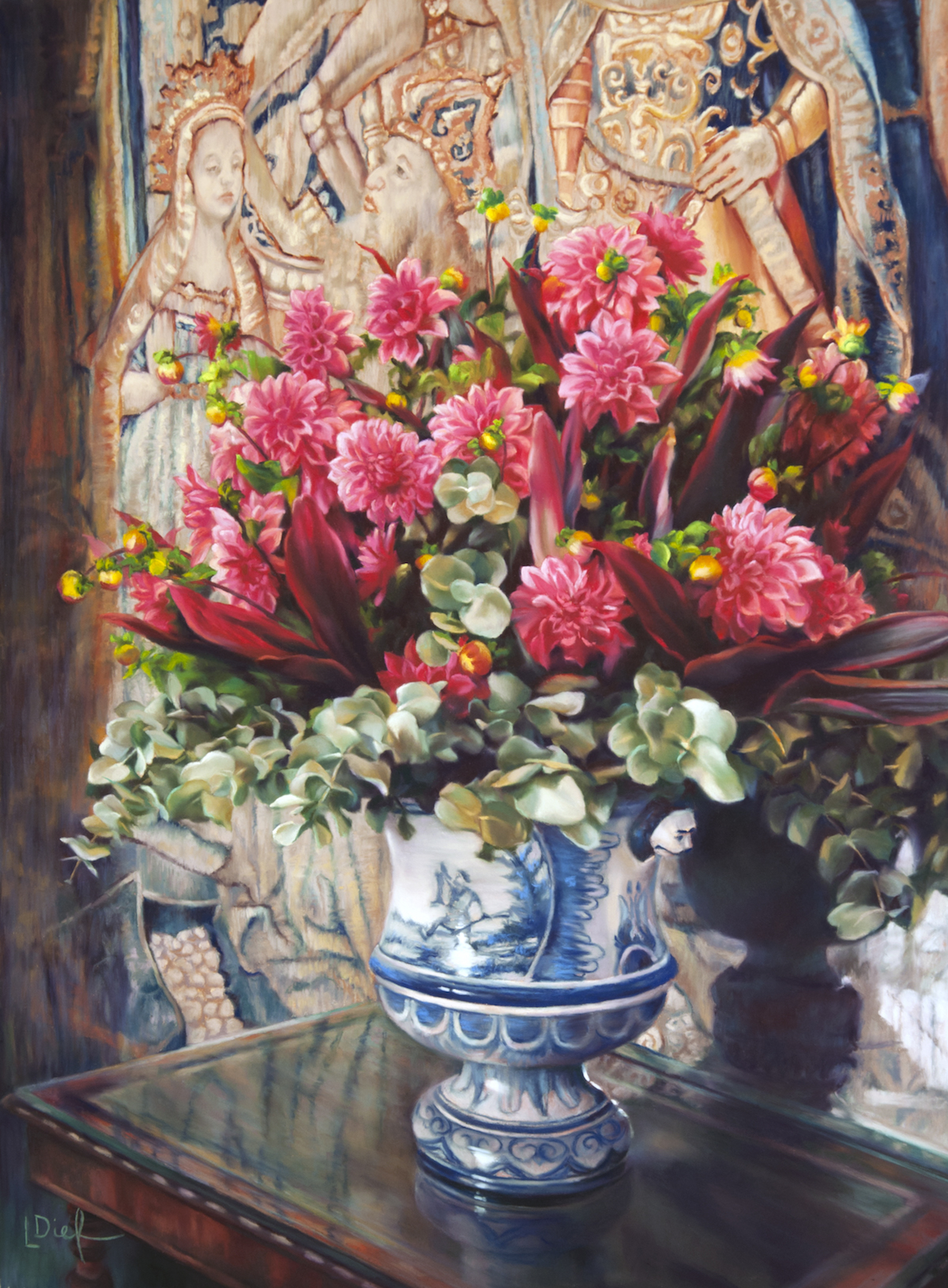 Lyn Diefenbach, "In the Light of History," Jan 2017, Pastel on Fisher 400, 24 x 18 in. Sold. Various trips across France and the UK gave me inspiration to include mediaeval tapestries as a backdrop for still life.